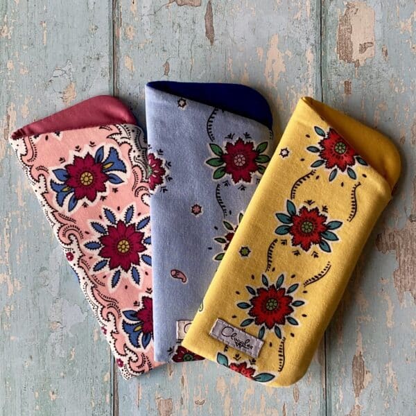 ClogglesDesign Sunglasses Cases made from Vintage fabrics. Daisy Chain Pattern on Pink, Blue, Yellow.