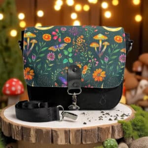 Emma Easter Handcrafted Enchanted Woodland crossbody bag with mushroom and wildflower print on dark green canvas