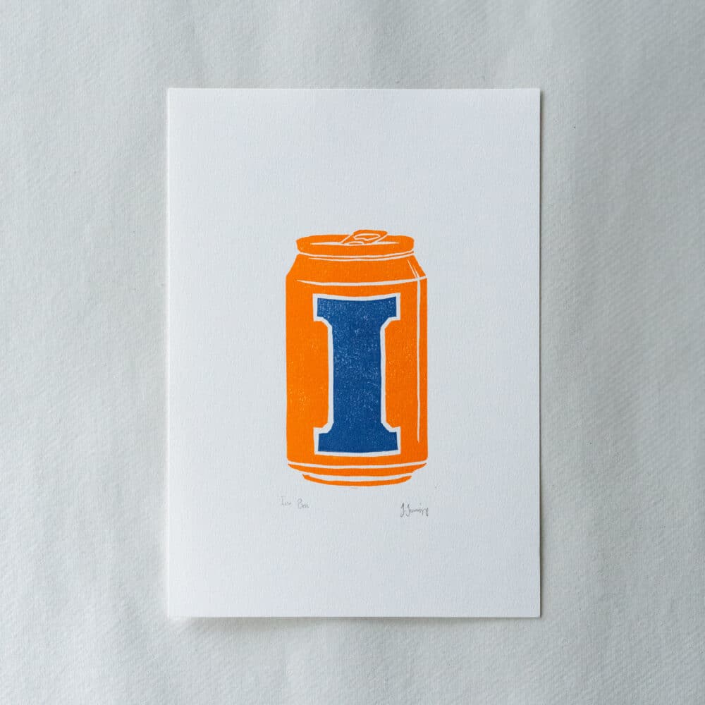 Linoprint of Irn Bru Can