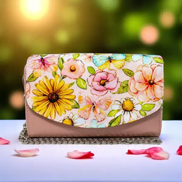 Emma Easter Handcrafted Penelope Pink nappa leather crossbody clutch with butterfly floral print