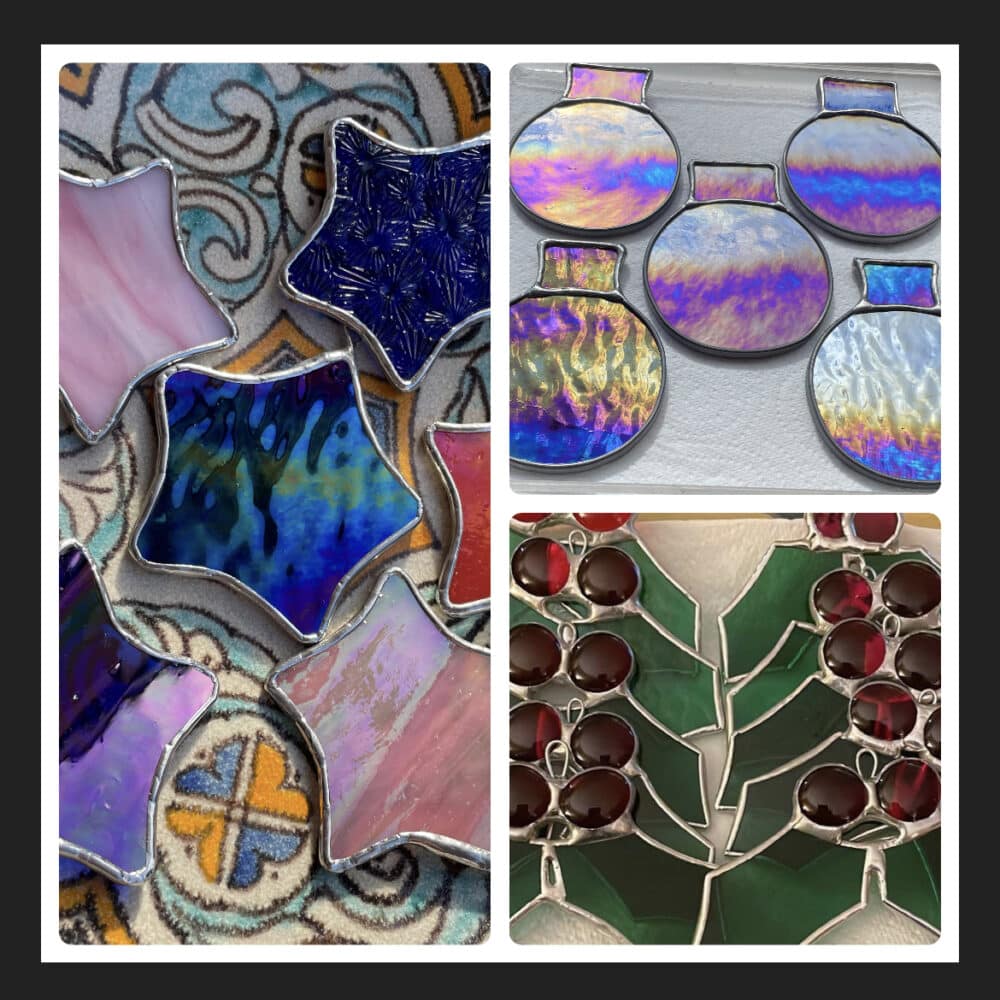 Tile of 3 photos. Colourful stained glass Holly, baubles and mini stars