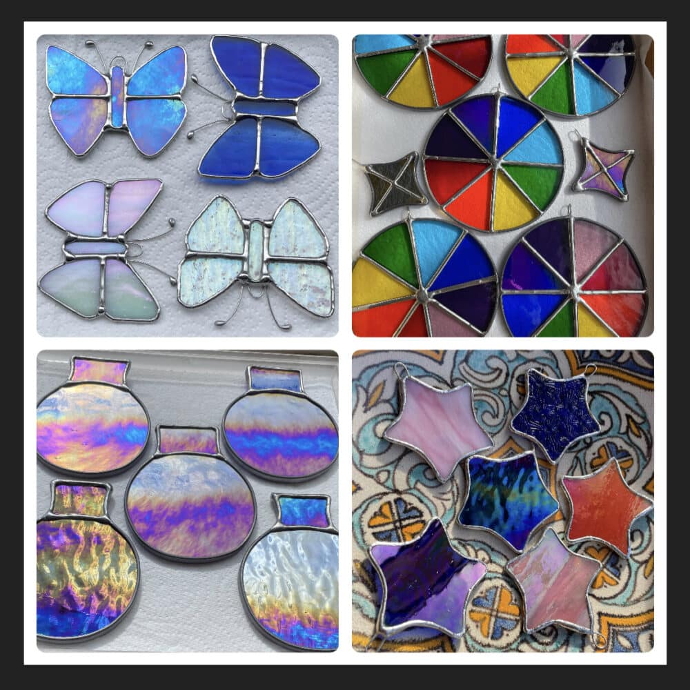Tile of 4 stained glass creations by Tad Glass: colour wheel, mini star, baubles and butterflies