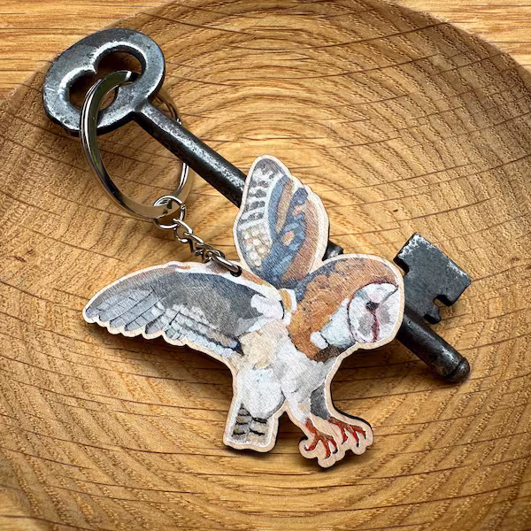 Sustainable Wooden Keyring with Barn Owl Design