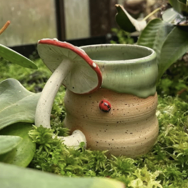 A ceramic mug with a mushroom handle and ladybird decoration