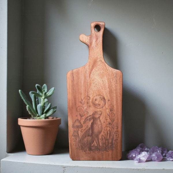 A wooden chopping board with etched rabbit design