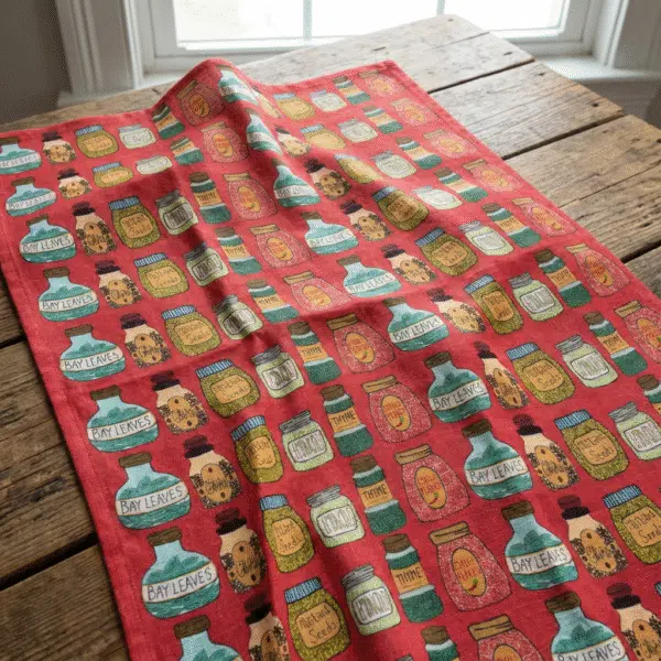 A red tea towel with hand-drawn printed illustrations of spice jars all over it.