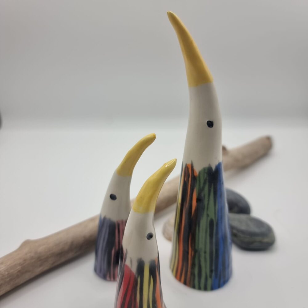 CB Pottery Splashwing Fantasical Bird Figures with rainbow colours and yellow beaks
