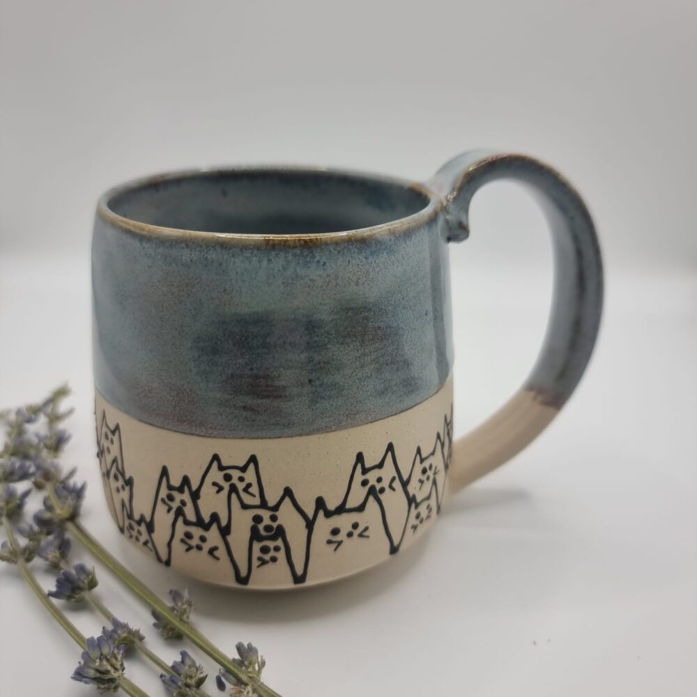 CB Pottery Artisan Purrade Blue mug decorated with cats