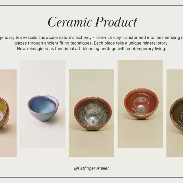 Collection of traditional Chinese handmade ceramic tea bowls with varied glaze effects, tenmoku-inspired tea ware, ideal gift for tea lovers, by Fatfinger Atelier UK