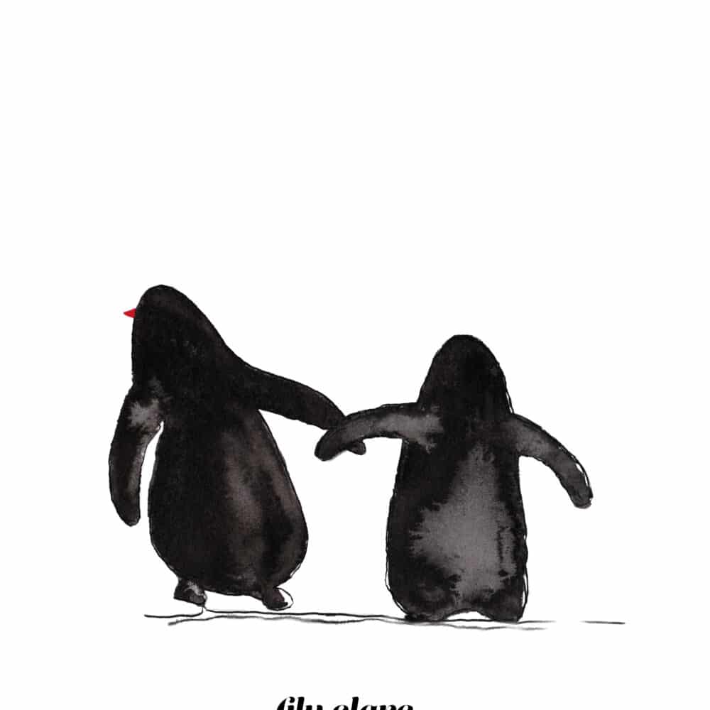 Hand-painted watercolour illustration of two penguins walking side by side, minimalist black and white artwork with subtle red beak detail - Lily Clare Art and Design