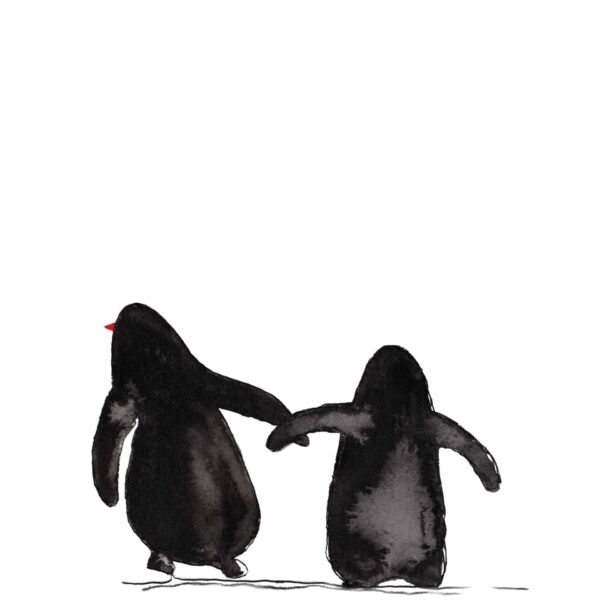 Hand-painted watercolour illustration of two penguins walking side by side, minimalist black and white artwork with subtle red beak detail - Lily Clare Art and Design