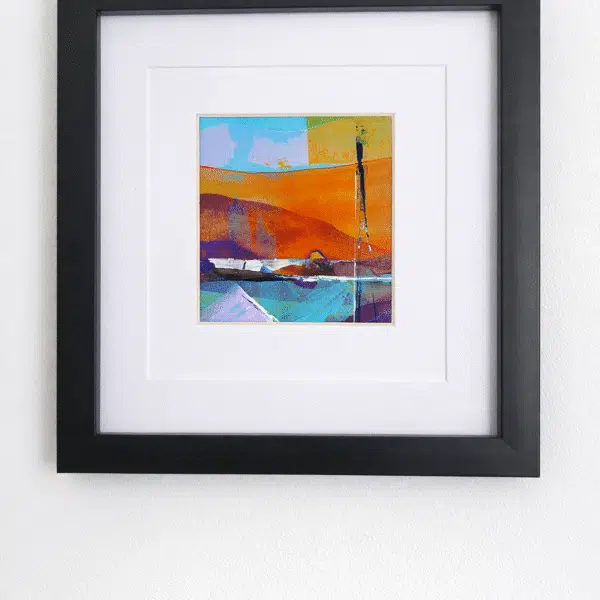 Warm coastal abstract with oranges, purples, blues and greens. Original acrylic artwork evoking a mooring at dusk. 12cm x 12cm contemporary wall art by GCColourStudios