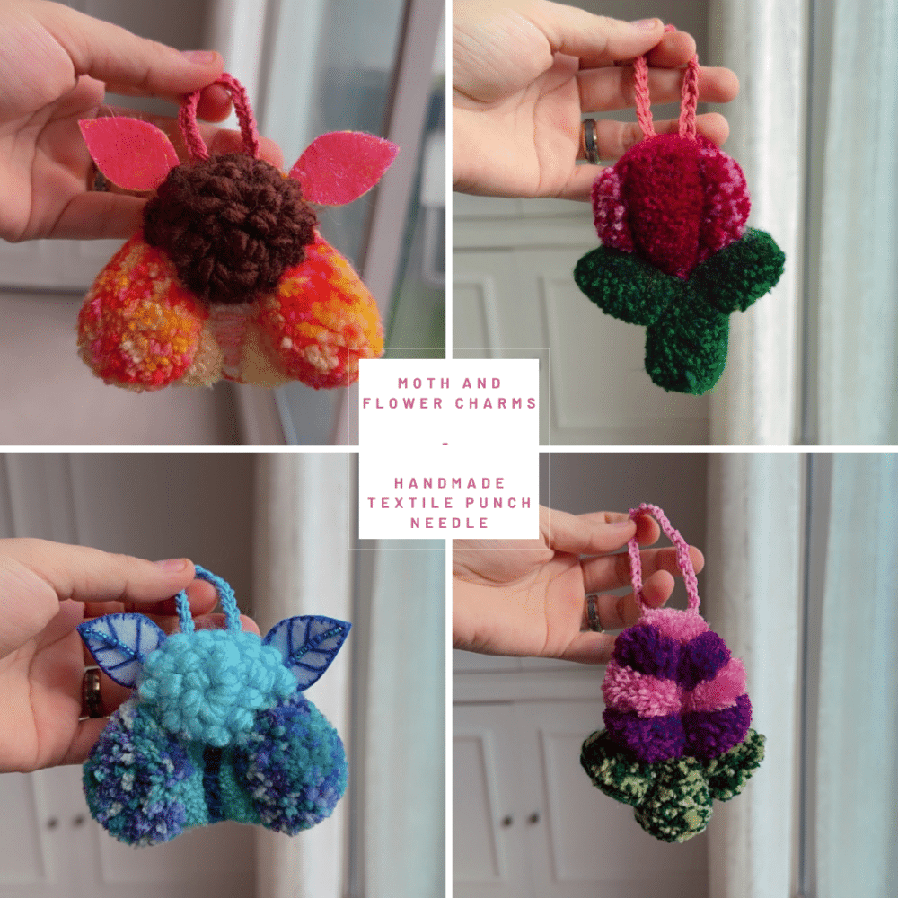 Moth and Flower Charms - Handmade Textile Punch Needle