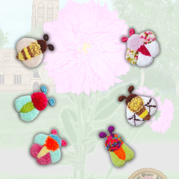 Handmade punch needle bees and butterflies on a pastel spring garden background with flowers, trees, and a church illustration.