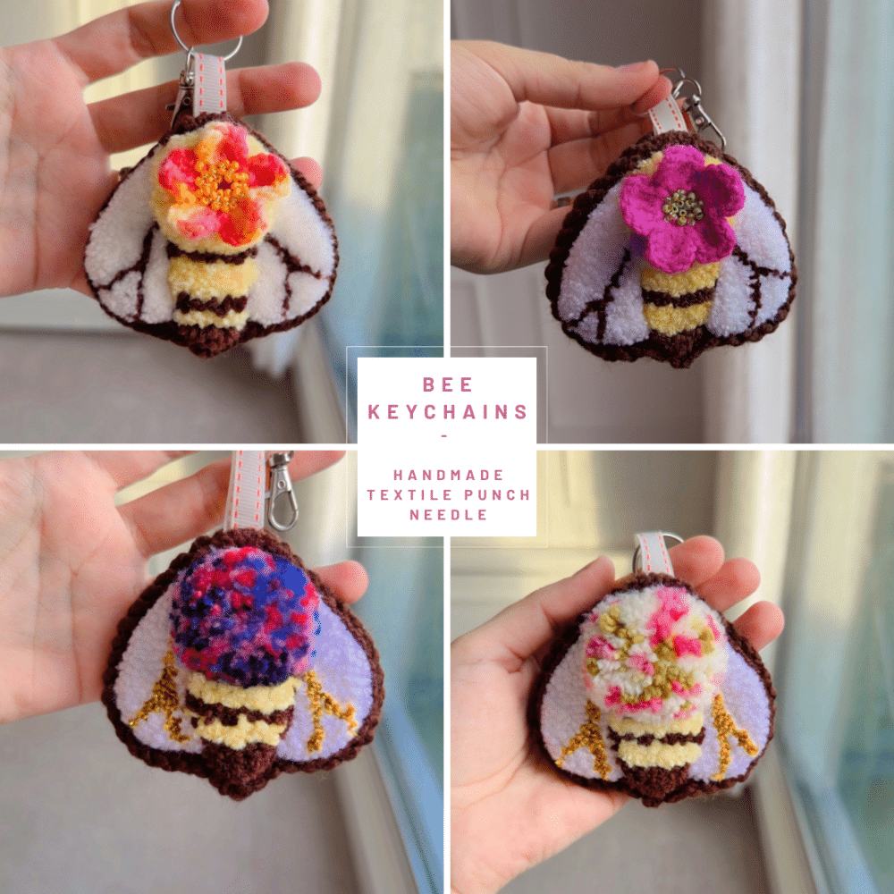 Bee Keychains - Handmade Textile Punch Needle