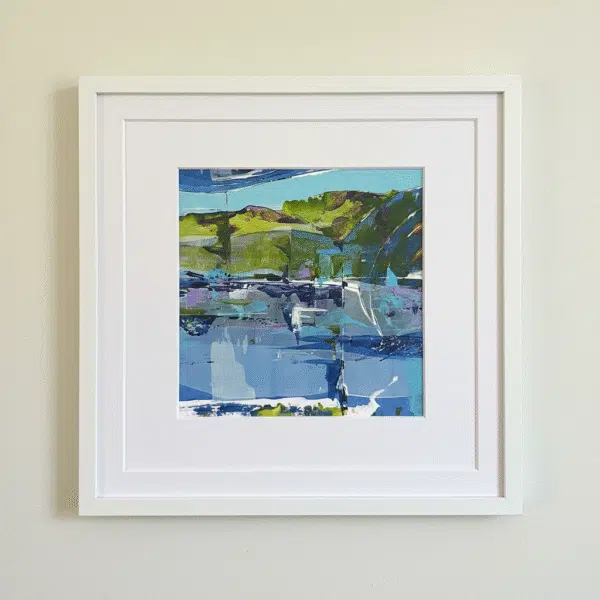 Abstract landscape in motion with blues, greens, purples and white. Original acrylic artwork blending land, water and sky.