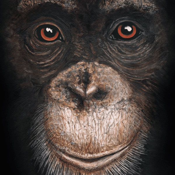 Close up of chimpanzee portrait artwork, expressive animal painting with rich tones and detailed eyes