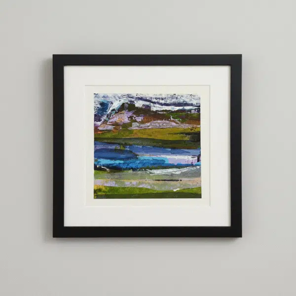 Rich textured landscape print with deep blues, greens, browns and purples. Original acrylic artwork with bold brushstrokes. 25cm x 25cm statement wall art.