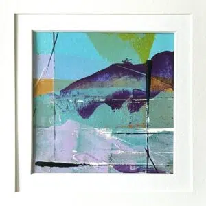 High quality fine art print of original acrylic artwork by Gill Cormack, colourful and vibrant abstract landscape, where land meets water, shoreline. Imagery inspired from the Lake District, Scottish Highlands, Coastal Shores. Vibrant turquoise blues, calm pinks, purples and green. Choice of sizes: 12cm x 12cm, 25cm x 25cm with quality white card mount and backing board.