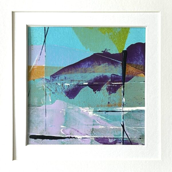High quality fine art print of original acrylic artwork by Gill Cormack, colourful and vibrant abstract landscape, where land meets water, shoreline. Imagery inspired from the Lake District, Scottish Highlands, Coastal Shores. Vibrant turquoise blues, calm pinks, purples and green. Choice of sizes: 12cm x 12cm, 25cm x 25cm with quality white card mount and backing board.