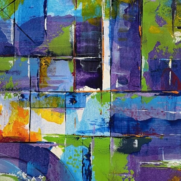 Dynamic geometric abstract with blues, greens, purples, yellows and orange accents. Original acrylic artwork with layered textures. Sizes A3 A2