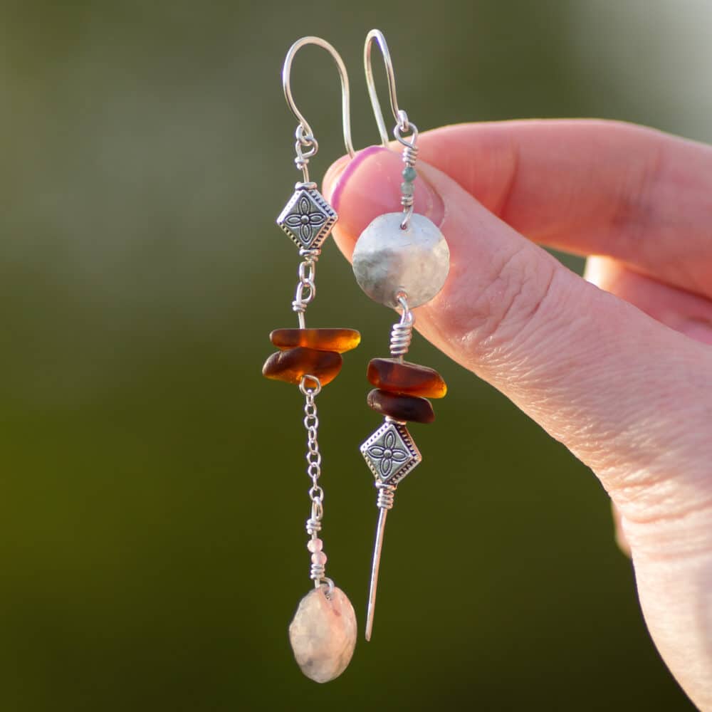 Amber sea glass and sterling silver earrings with tourmaline beads and handmade hooks