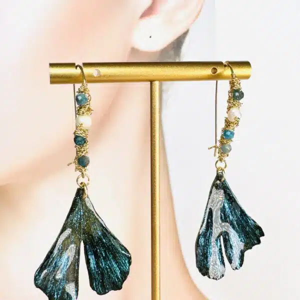Handcrafted real ginkgo leaf resin earrings in deep green with elegant beadwork by Joie Creations, Canterbury.