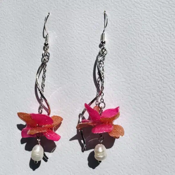 Handcrafted real pink hydrangea petal earrings with pearls by Joie Creations, Canterbury.