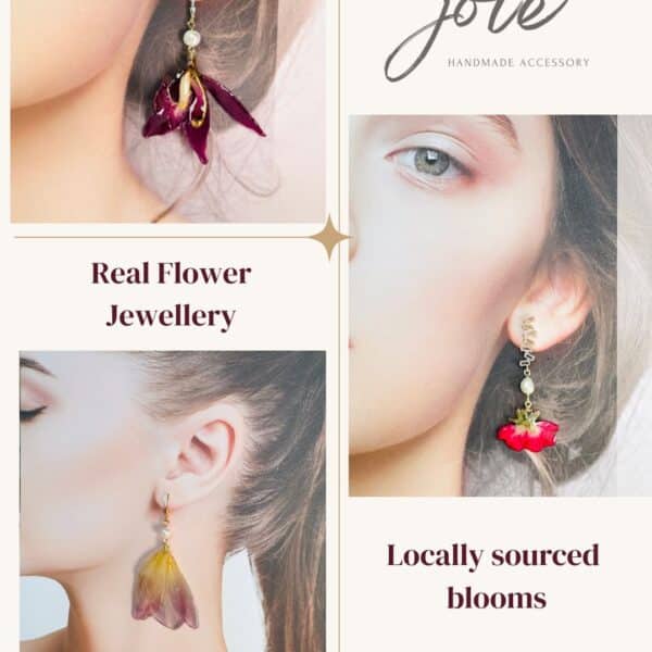 Joie Creations brand showcase collage featuring models wearing real flower earrings and the text "Locally sourced blooms, One of a kind