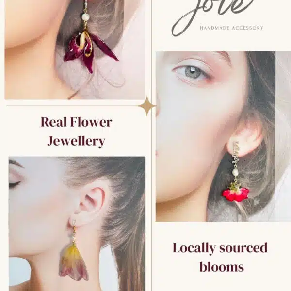 Joie Creations brand showcase collage featuring models wearing real flower earrings and the text "Locally sourced blooms, One of a kind