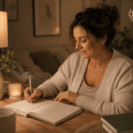 A woman writing in a JINC Journal at a desk with a lamp