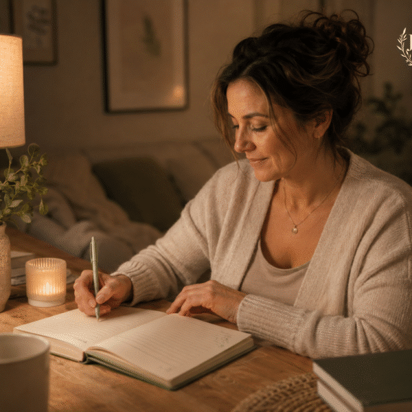 A woman writing in a JINC Journal at a desk with a lamp