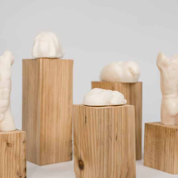 Scultped soaps on wooden stands of various hights.
