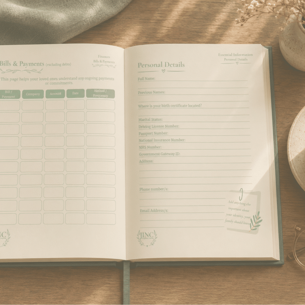 JINC Journal open on bills and personal details page. Open journal page view.