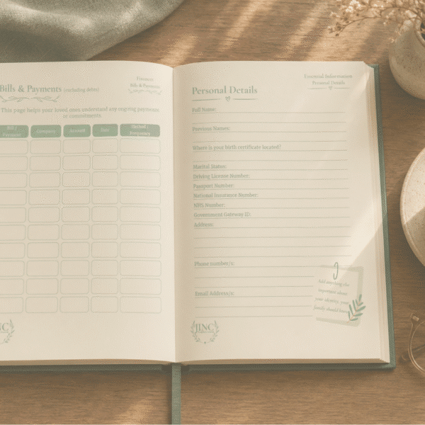 JINC Journal open on bills and personal details page. Open journal page view.