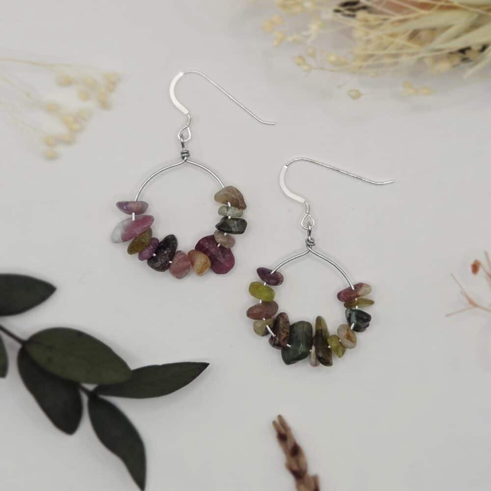 A pair of silber hoop earrings with multiple tourmaline gemstone chips on each hoop by SunstoneAndFern