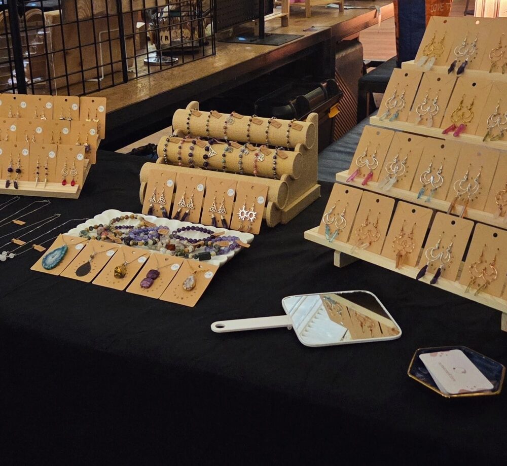 A market stall with various display stands to display pairs of earrings, necklaces and bracelets by SunstoneAndFern
