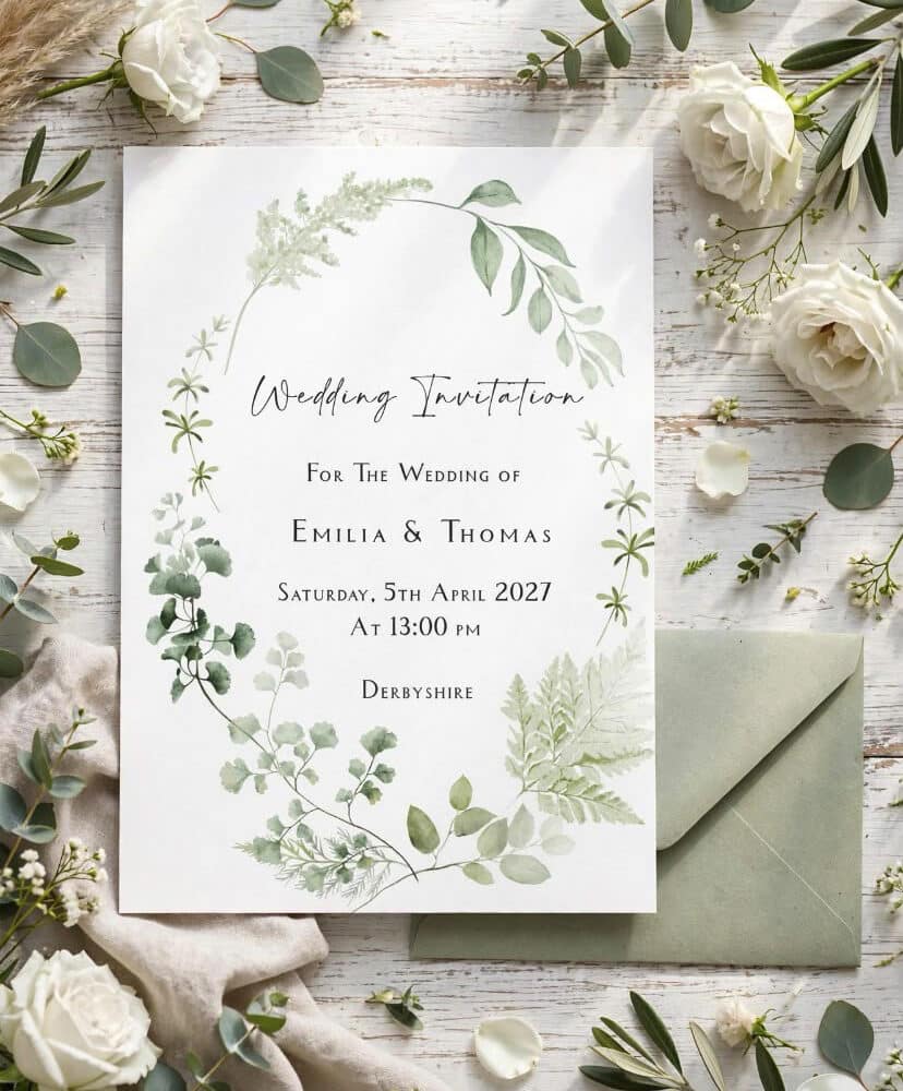 Green Wedding Invitation, Elle Blooms and Prints