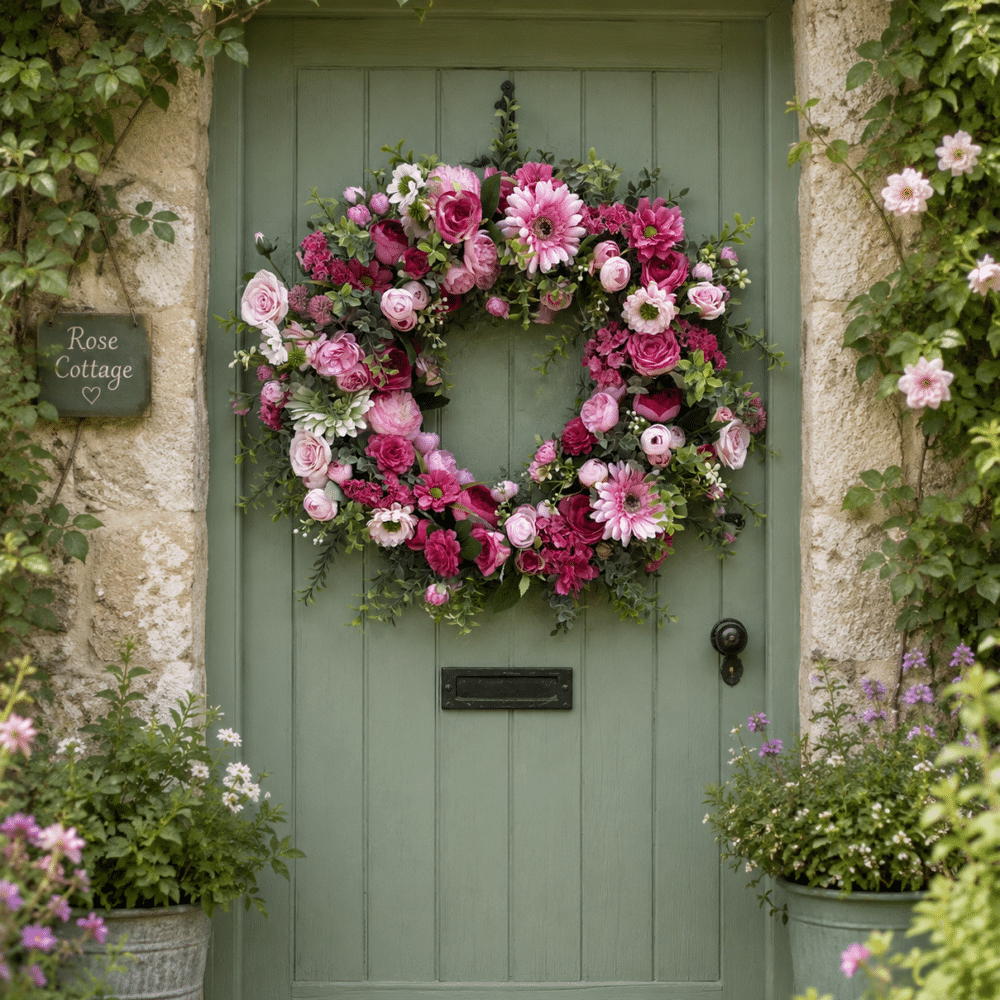 Pink Wreath on green door, Elle Blooms and Prints